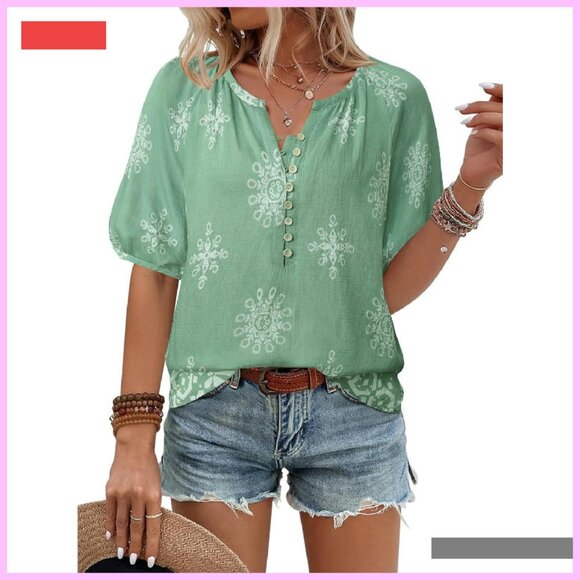 Floral Boho Button Down Shirt V-Neck Short Sleeve Blouse Casual Summer Top - Picture 1 of 4
